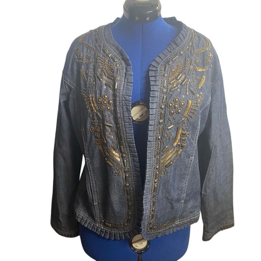 HANNAH Embellished Beaded Denim Jacket Ruffle Trim Size Medium Blue SEE DESCRIPT